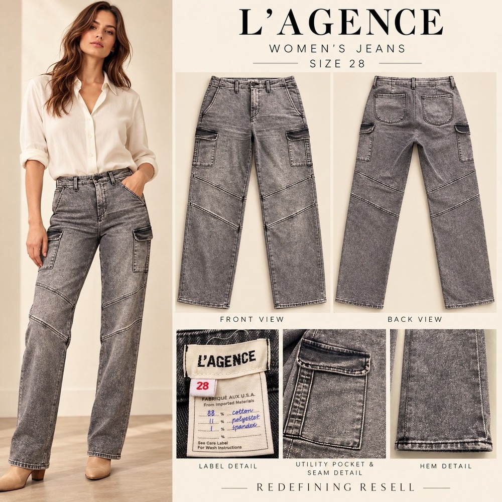 L'AGENCE Womens Grey Acid Wash Cargo Straight Leg Seam Detail Jeans Size 28